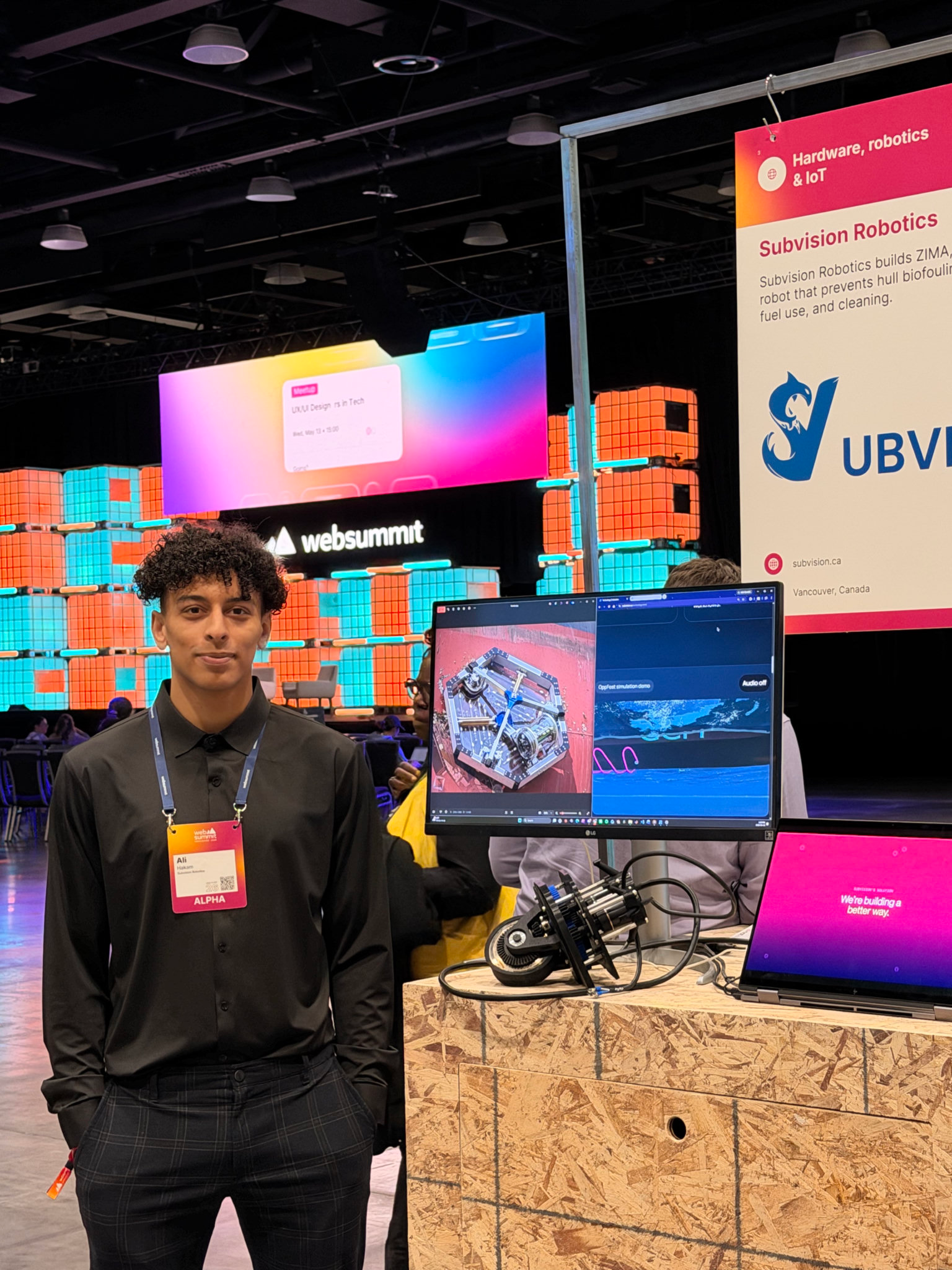 Subvision Robotics booth at Web Summit, with prototype hardware and demonstration screens